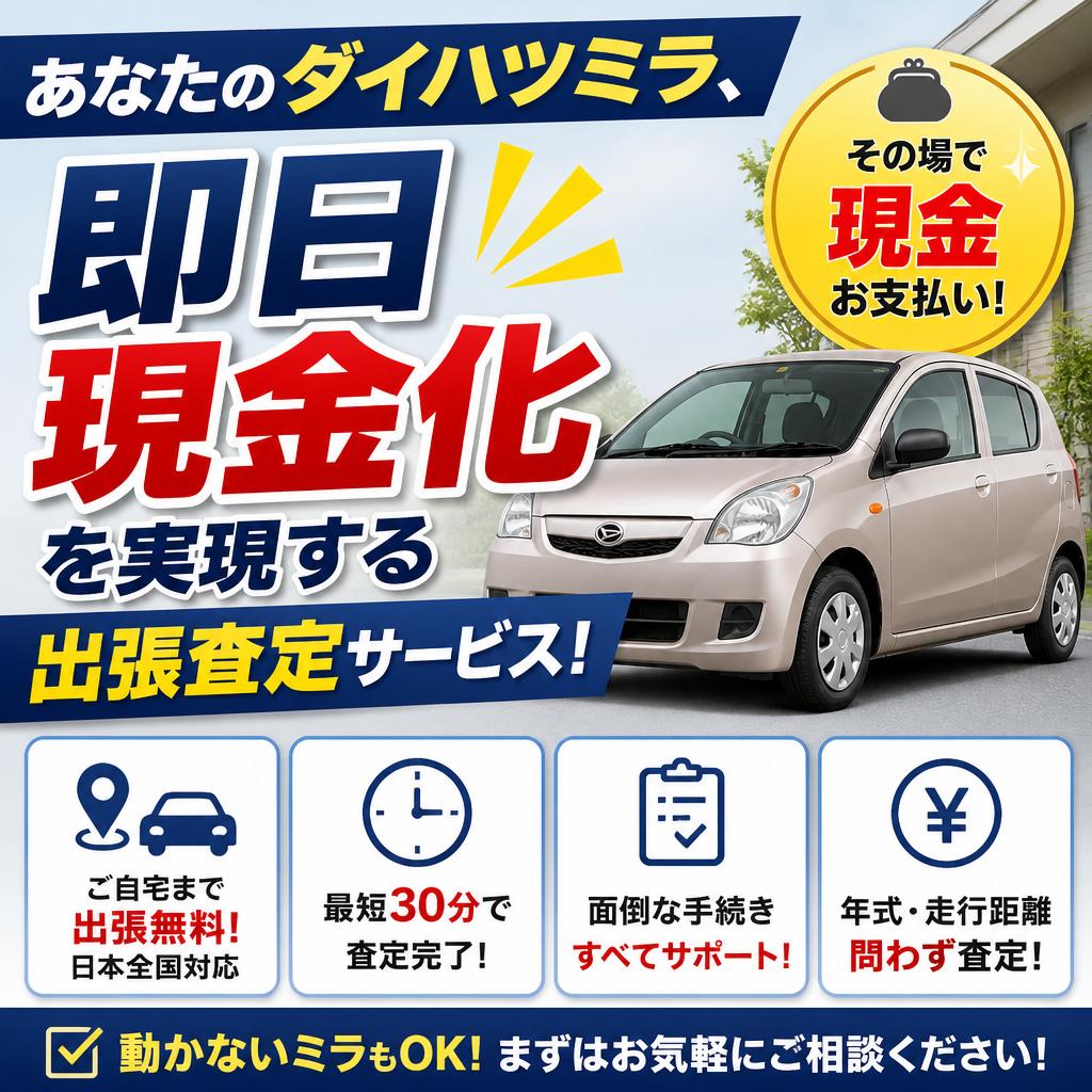 あなたのダイハツミラ、即日現金化を実現する出張査定サービス！